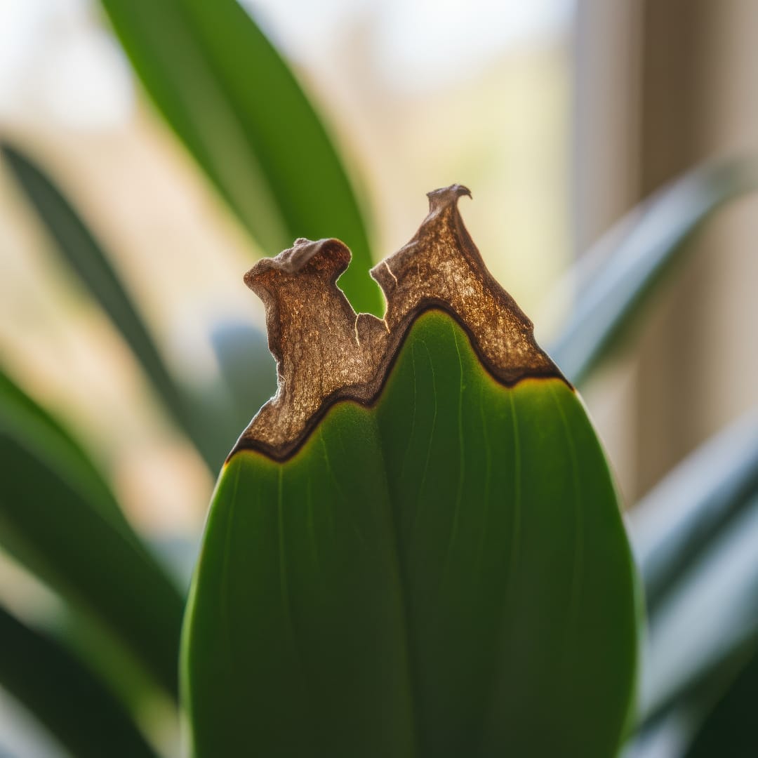 Close-up of a houseplant leaf showing brown, burned edges from overfertilizing.