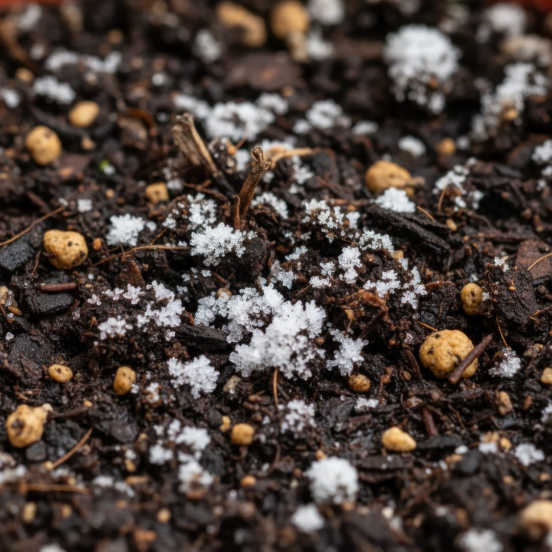A close-up of potting soil with a white crust of salt buildup from overfertilizing.