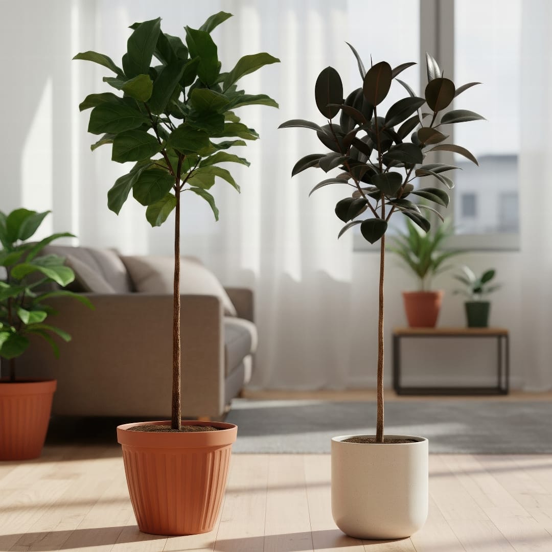 A group of tall, single-stemmed houseplants perfect for air layering, including a Fiddle Leaf Fig and a Rubber Plant.