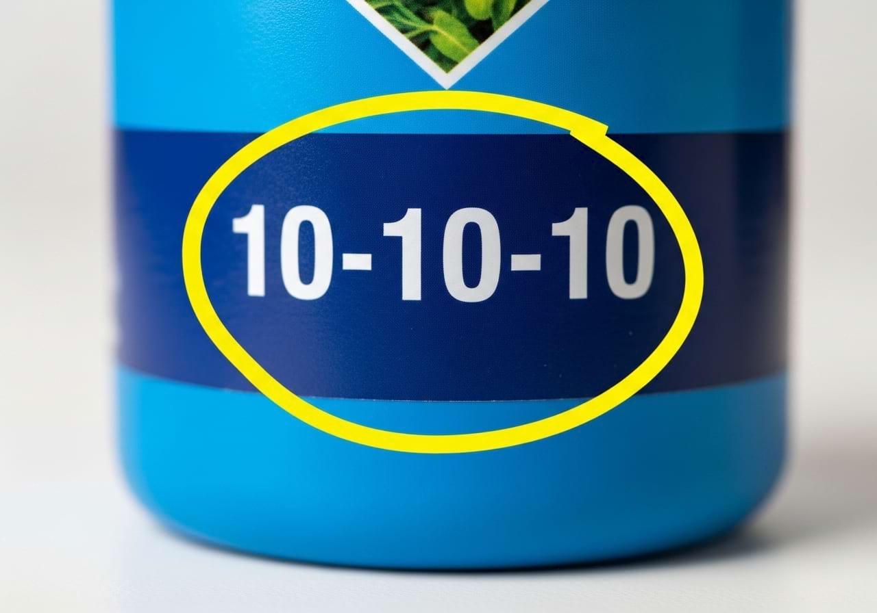 A close-up of a fertilizer bottle label with the N-P-K numbers '10-10-10' circled.