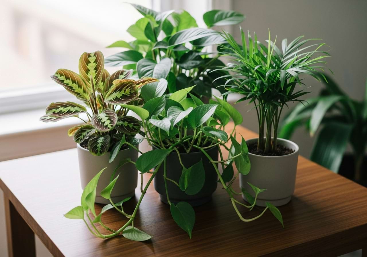 A collection of different houseplants clustered together on a table, creating a mini-jungle effect.