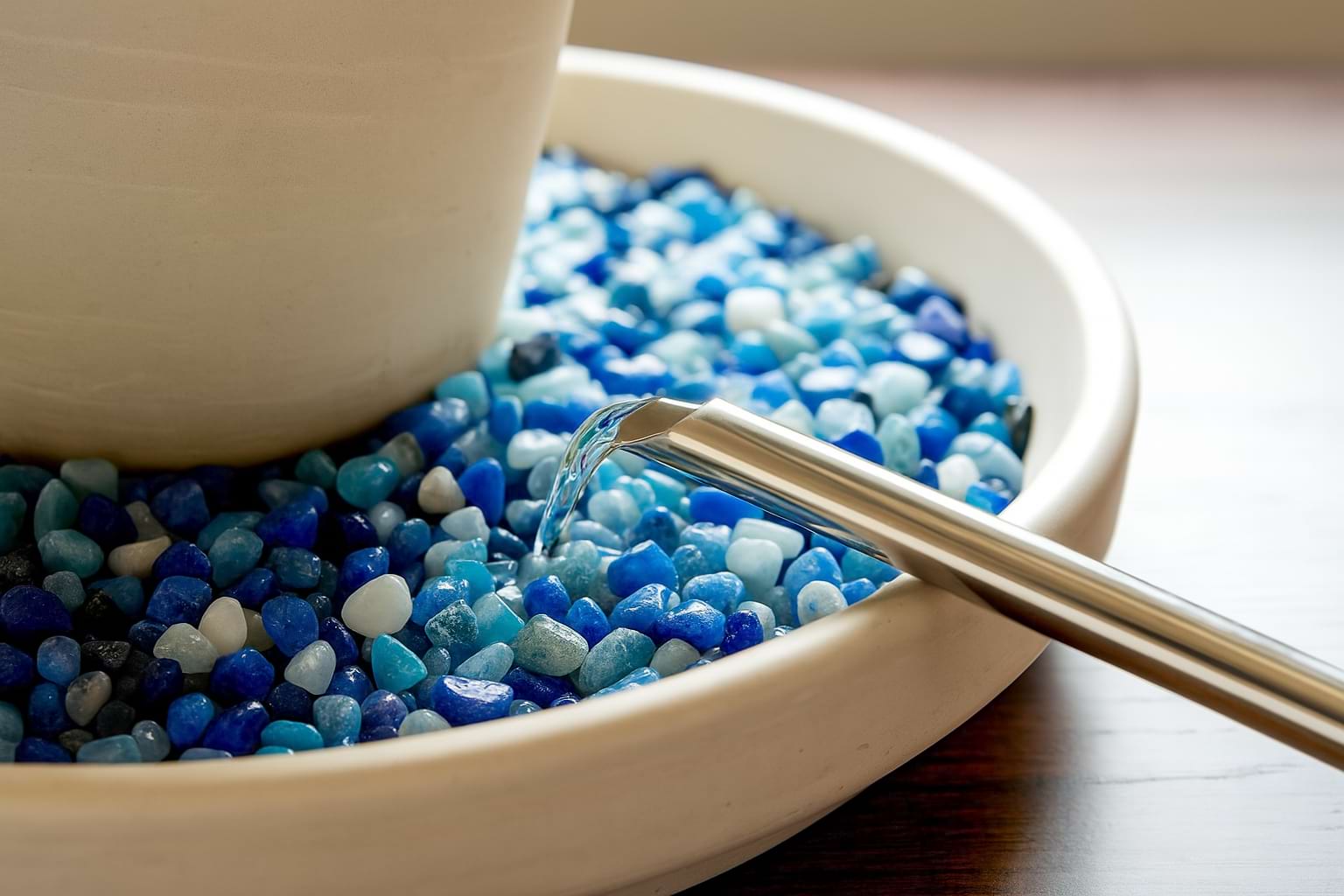A plant pot sitting on a tray filled with pebbles and water, demonstrating the pebble tray humidity method.