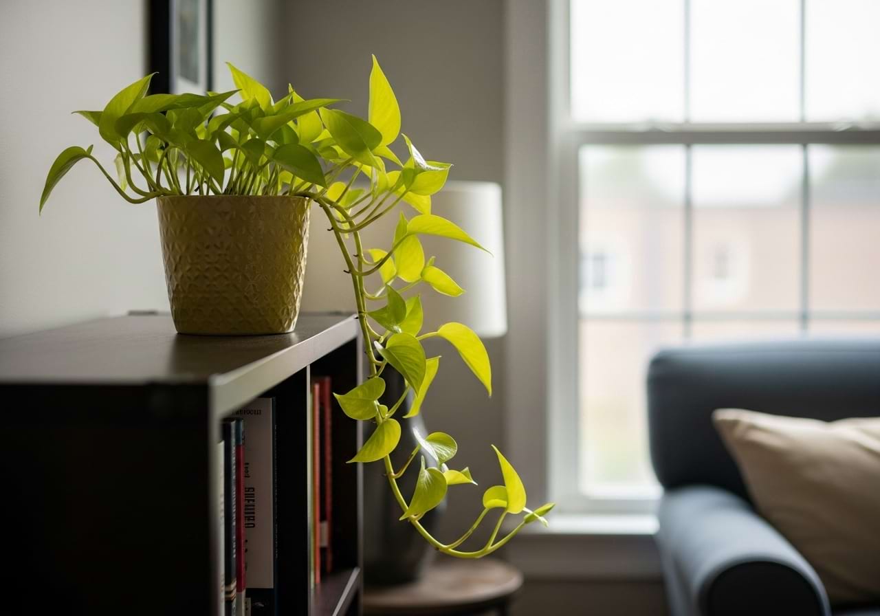 A Pothos plant on a bookshelf in the middle of a room, receiving gentle, ambient light.