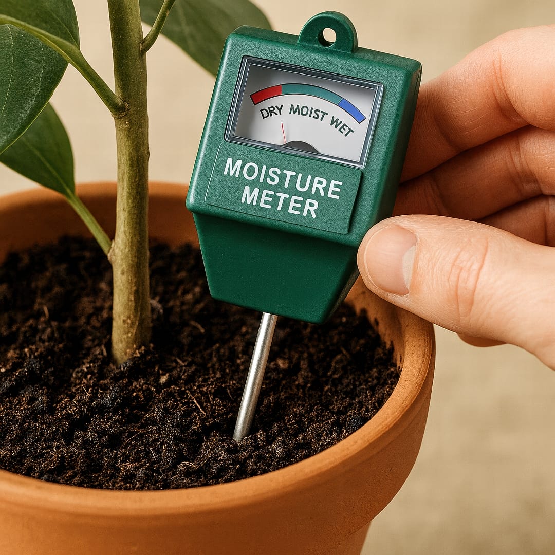 A close-up showing a moisture meter's probe being inserted into the soil of a potted plant, halfway between the stem and pot edge.