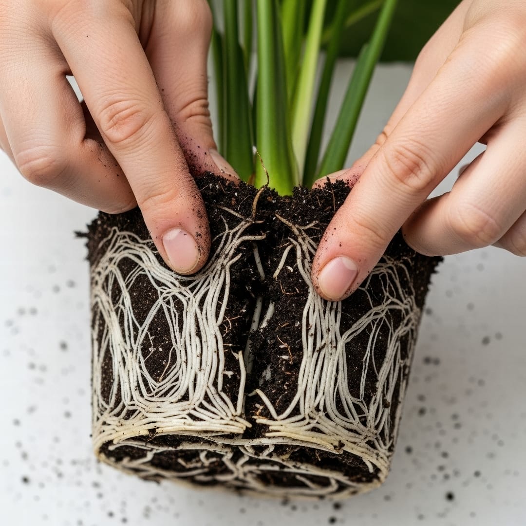 A close-up of hands gently teasing apart the root ball of a Peace Lily into two distinct clumps.