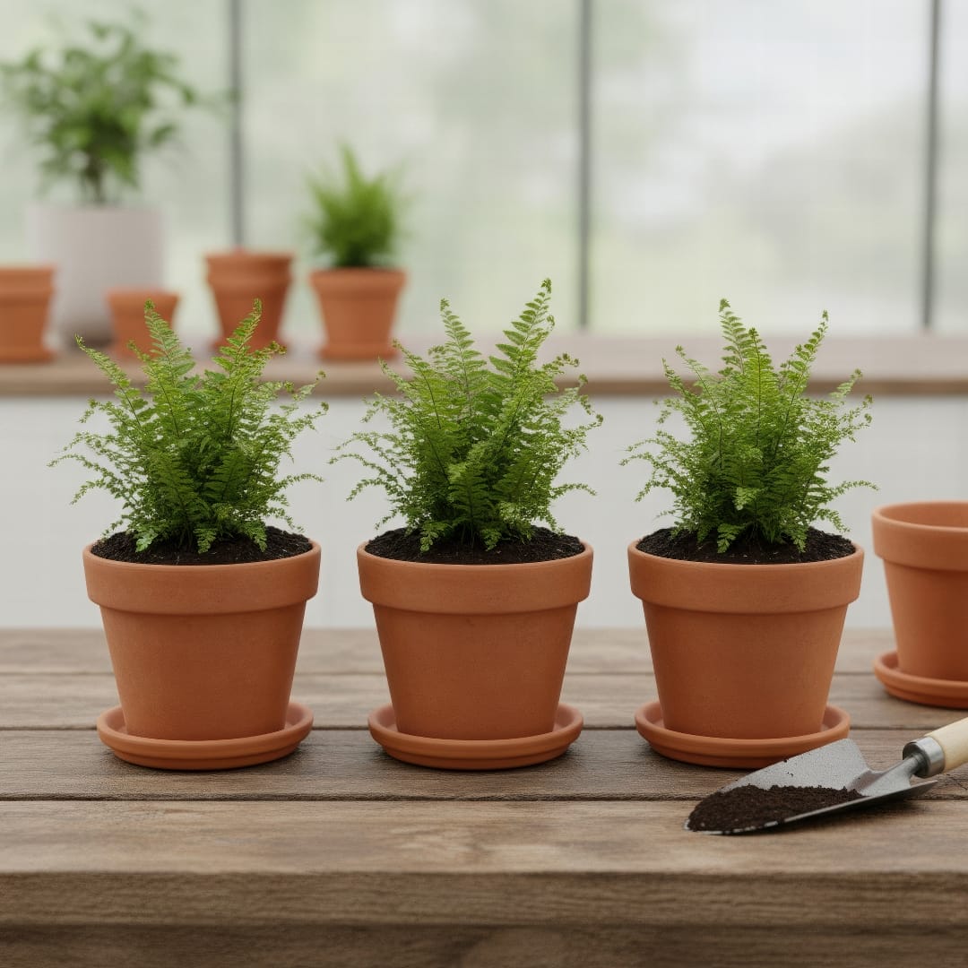 Three smaller pots, each containing a new division from a parent plant, freshly potted in new soil.