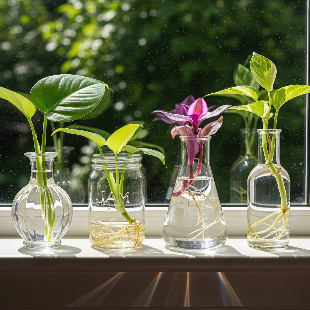 Several glass jars on a windowsill, each holding a different plant cutting with roots developing in the water.