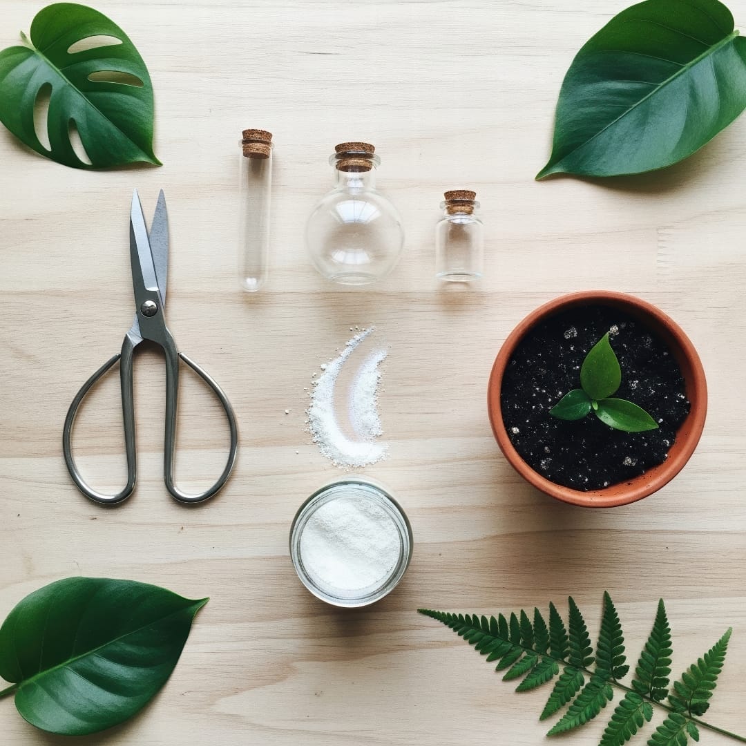 A flat lay of propagation tools including clean scissors, glass jars, a small pot with soil, and a container of rooting hormone.