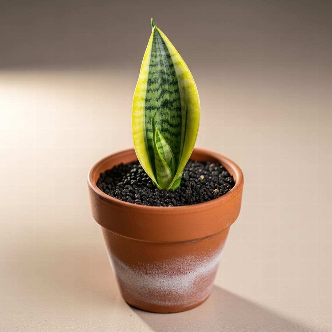 A leaf cutting from a Snake Plant planted upright in a small terracotta pot with soil.