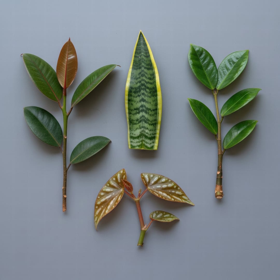 A lineup of cuttings from ideal soil propagation plants like a Snake Plant leaf, a ZZ Plant stem, and a Rubber Plant cutting.