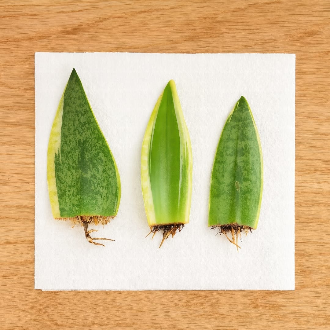 Several sections of a Snake Plant leaf cutting lying on a paper towel, with the cut ends looking dry and calloused.