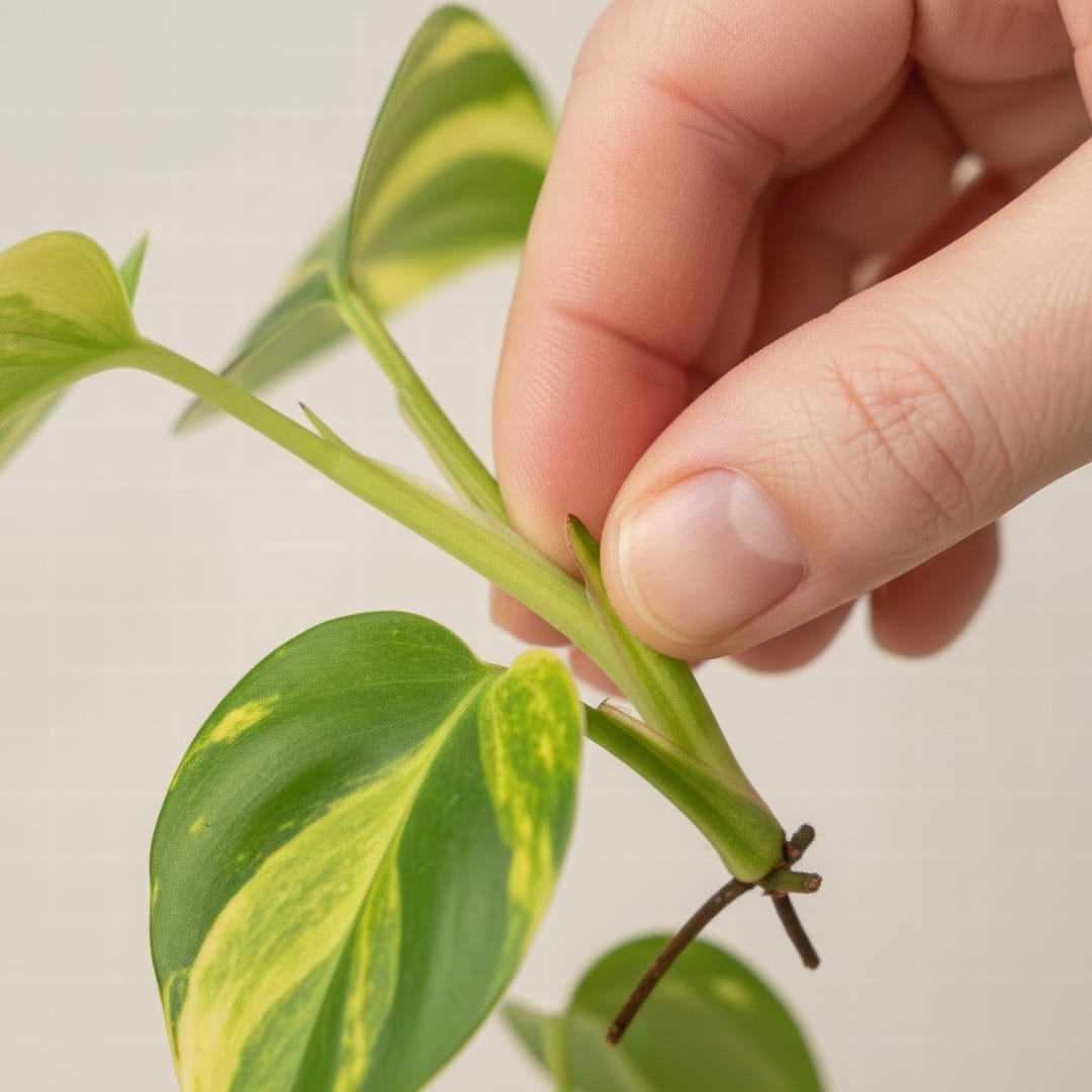 A close-up of a hand carefully pinching off the lowest leaf from a plant cutting to prepare it for water.