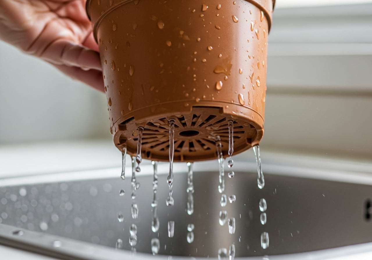 Water dripping from the drainage holes at the bottom of a nursery pot held over a sink.