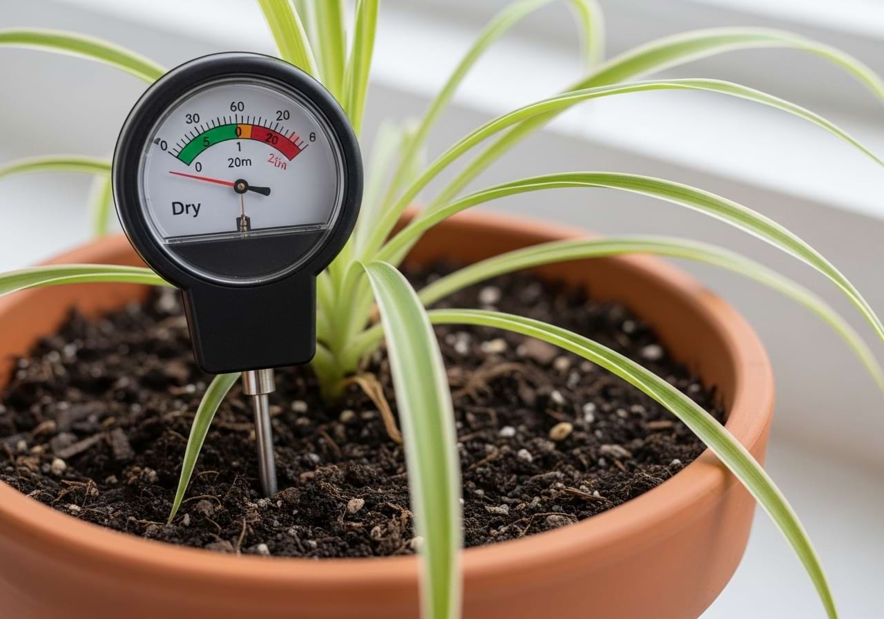 A soil moisture meter's probe inserted into a terracotta pot, with the dial pointing to 'Dry'.