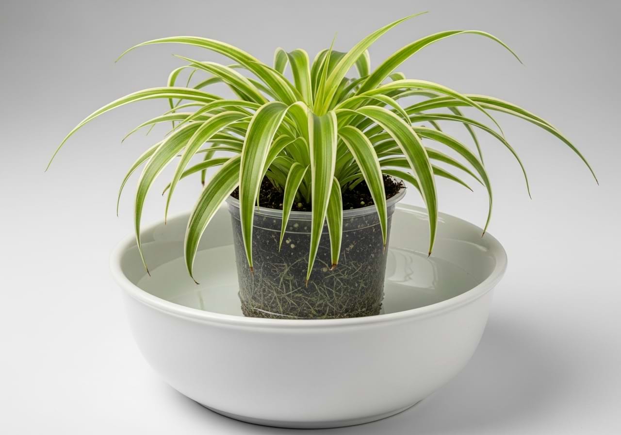 A pothos plant in its nursery pot sitting in a sink filled with an inch of water, demonstrating the bottom-watering method.