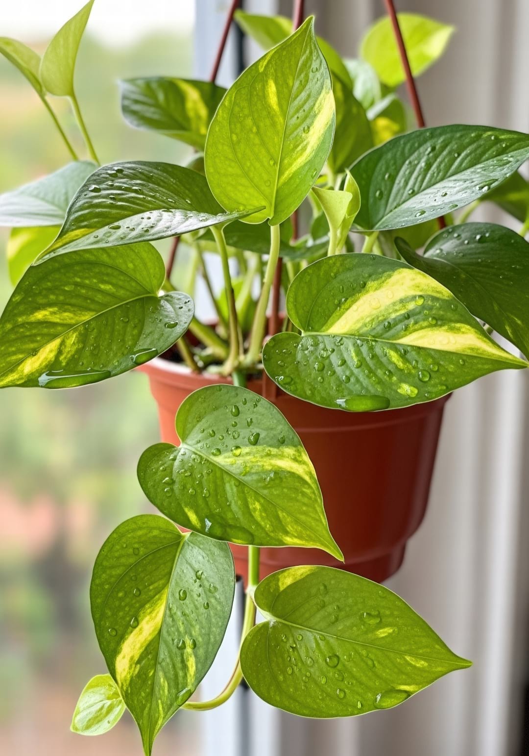 A resilient Golden Pothos with its heart-shaped, variegated leaves, trailing happily in a humid room.