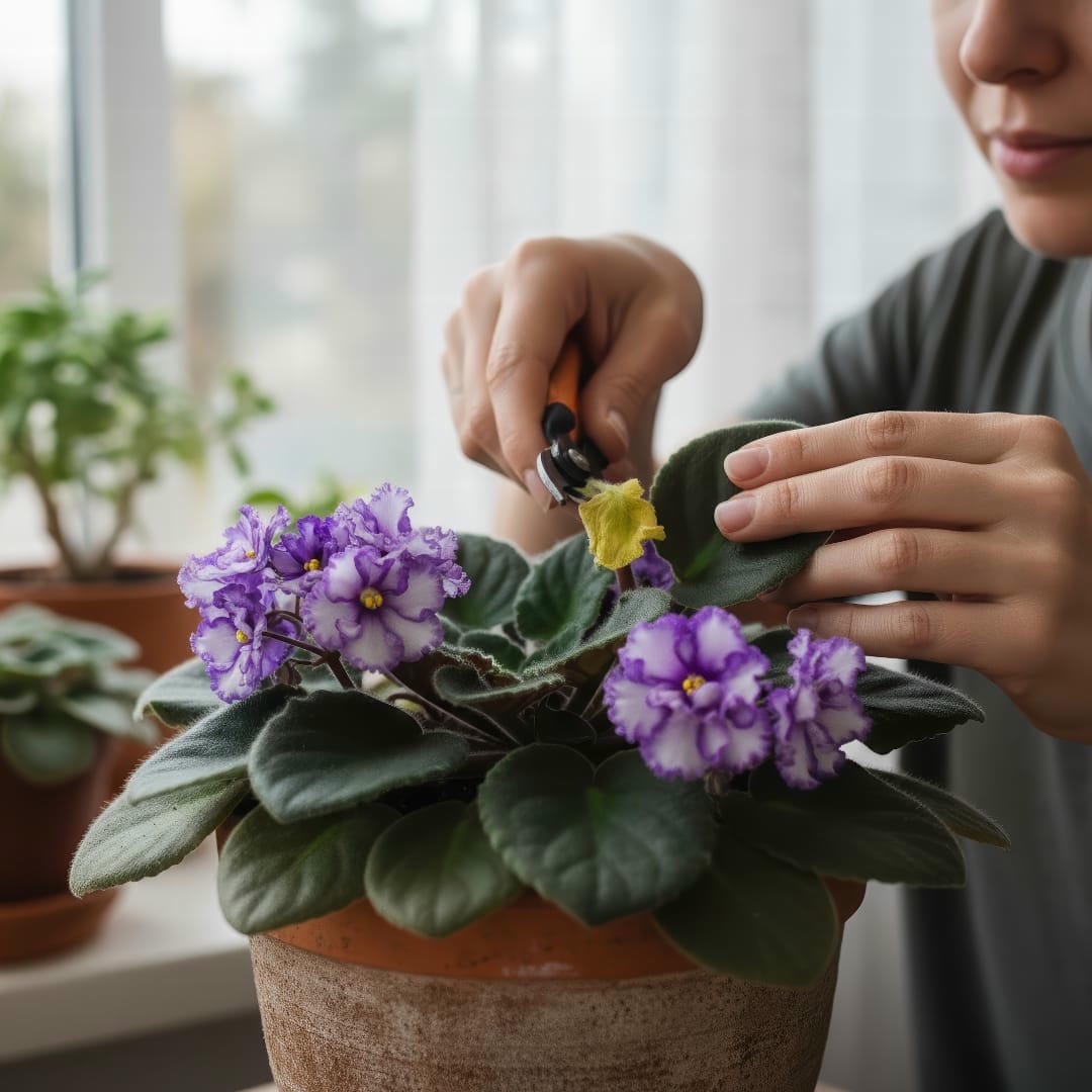 A person gently grooming an African Violet, removing a spent leaf
