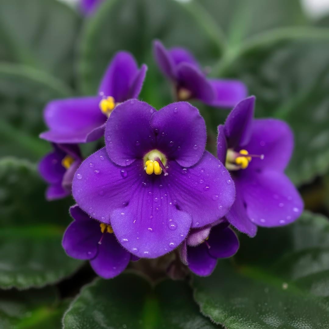A close-up macro shot of a vibrant purple African Violet flower
