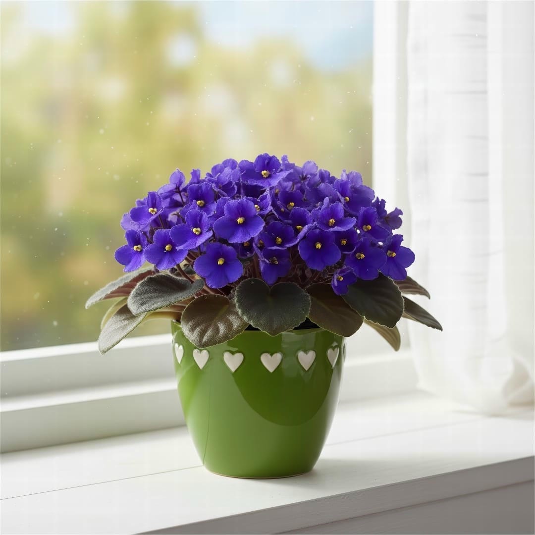 A healthy African Violet with purple flowers sitting on a bright windowsill