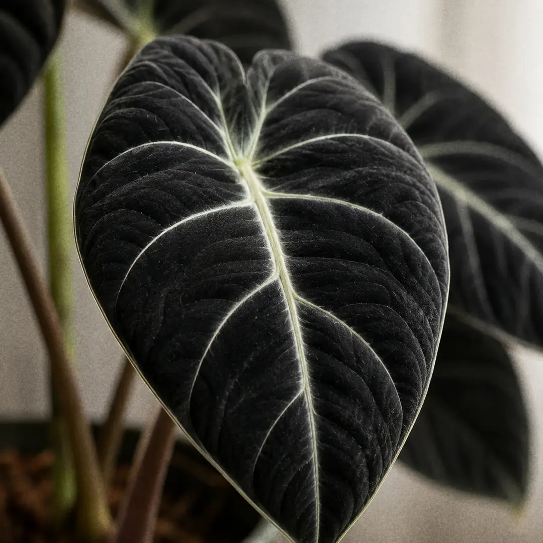 A macro close-up of a single Alocasia Black Velvet leaf filling the frame, showing the thick matte near-black velvety surface and bright silver-white veins branching from the midrib, with soft window light raking across the texture