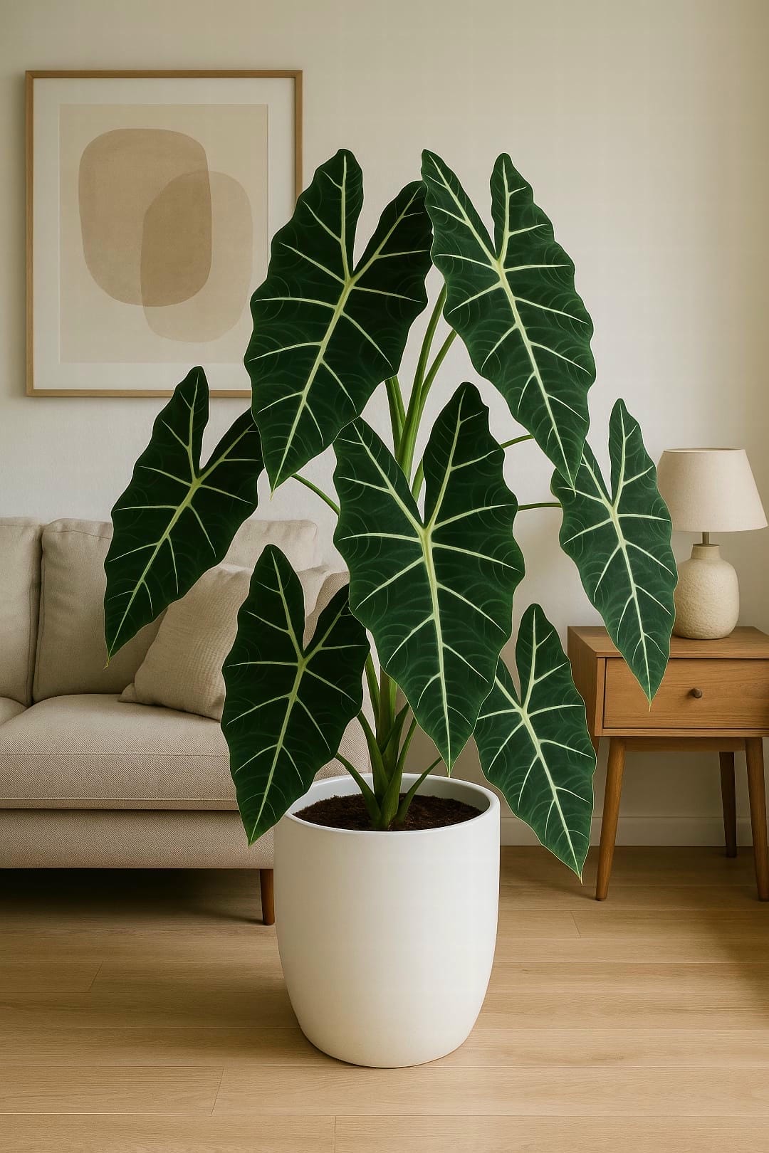A mature Alocasia Frydek displayed as a statement floor plant in a stylish, well-lit living room