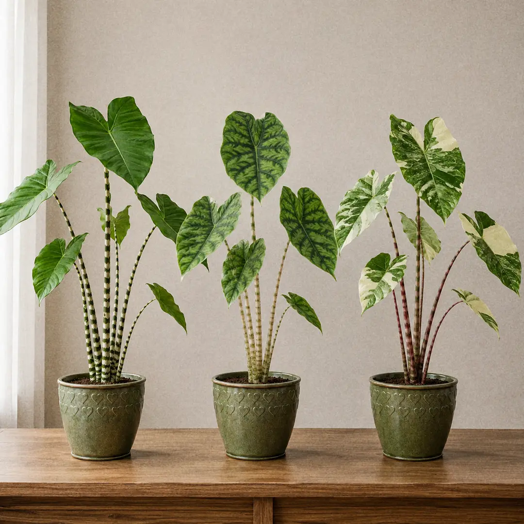Three Alocasia Zebrina varieties side by side on a wooden shelf in matching green ceramic pots with heart motifs, showing plain striped stems, a netted marbled leaf form, and a cream variegated form