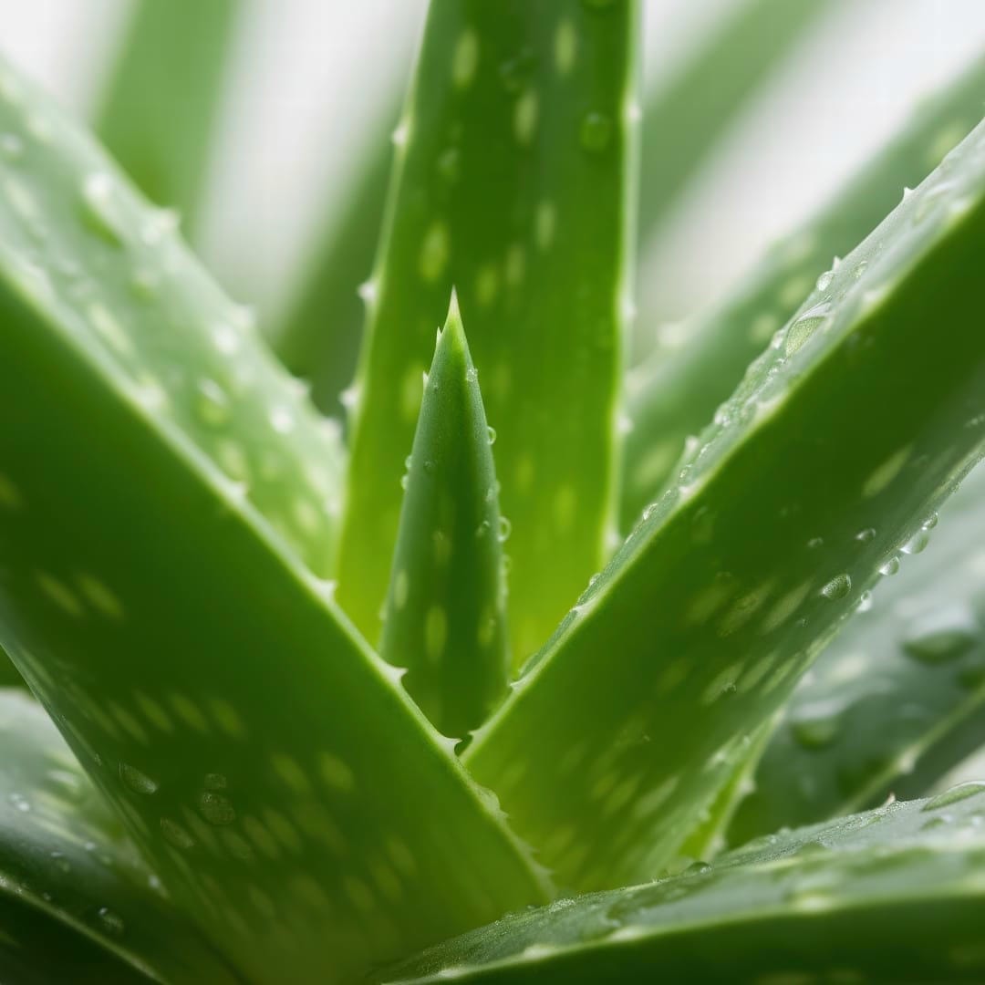 A close-up shot of the fleshy, speckled green leaves of an Aloe Vera plant