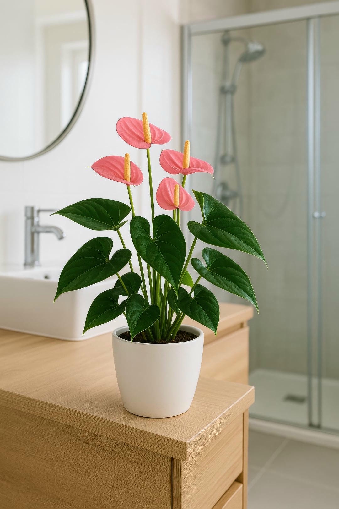 A healthy pink Anthurium plant in a white pot, placed on a wooden vanity in a bright, modern bathroom to show an ideal high-humidity location.