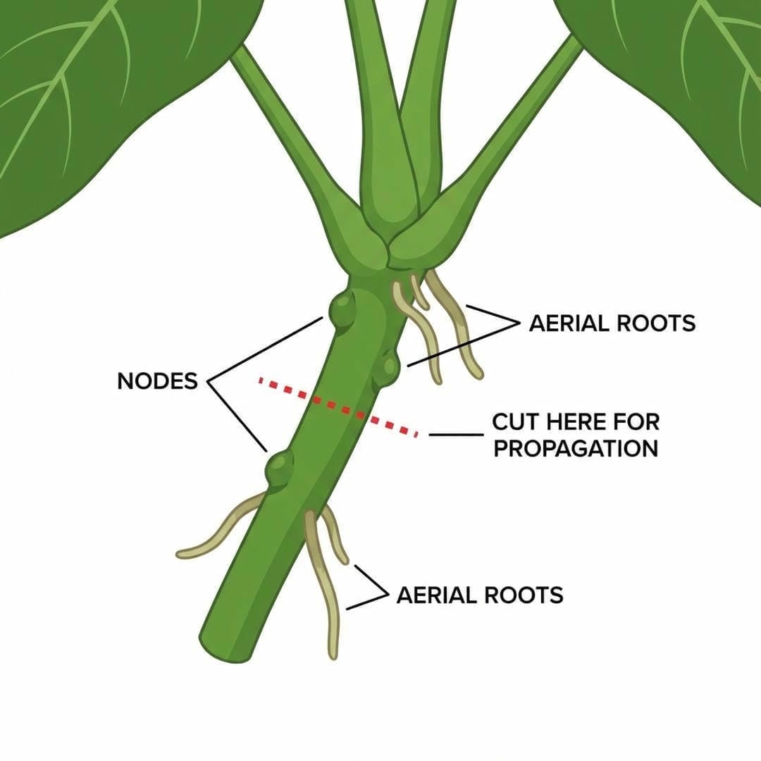 Diagram showing where to cut the stem between nodes