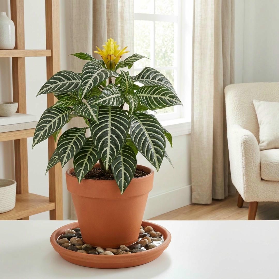 A Zebra Plant sitting on a pebble tray to increase humidity