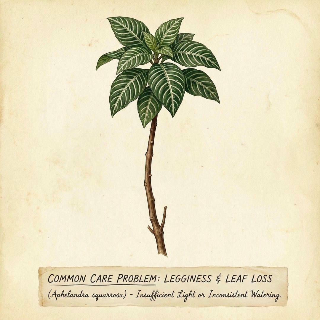 Illustration of a leggy Aphelandra plant with bare lower stems