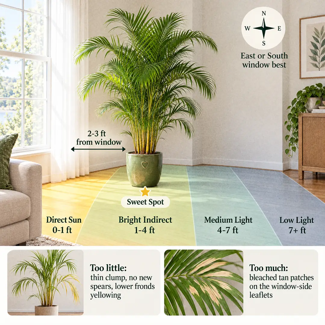 A labeled light guide diagram showing where to place an Areca Palm indoors relative to an east or south-facing window, with direct sun, bright indirect, medium and low light zones marked and the sweet spot marked two to four feet from the glass