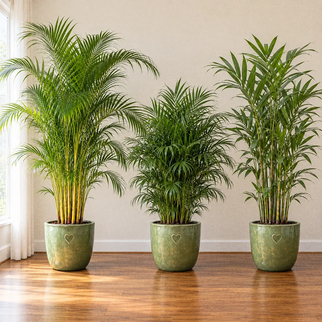 Three palms side by side on a wooden floor in matching green ceramic pots with heart motifs, showing an Areca Palm with tall arching yellow canes, a bushier darker Cat Palm with no visible canes, and a Bamboo Palm with slim green canes and broader leaflets