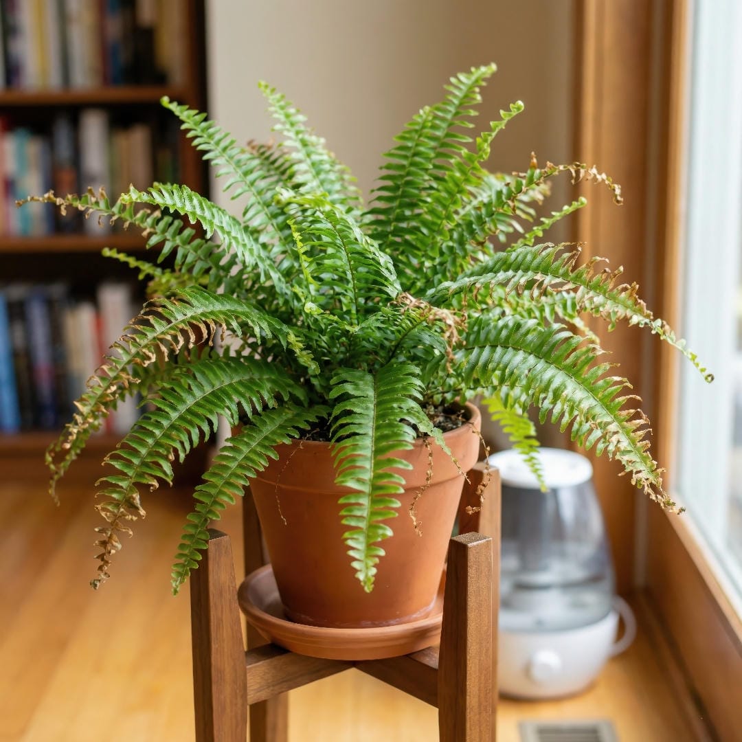 Ariane Boston Fern fronds with brown crispy tips caused by dry air.