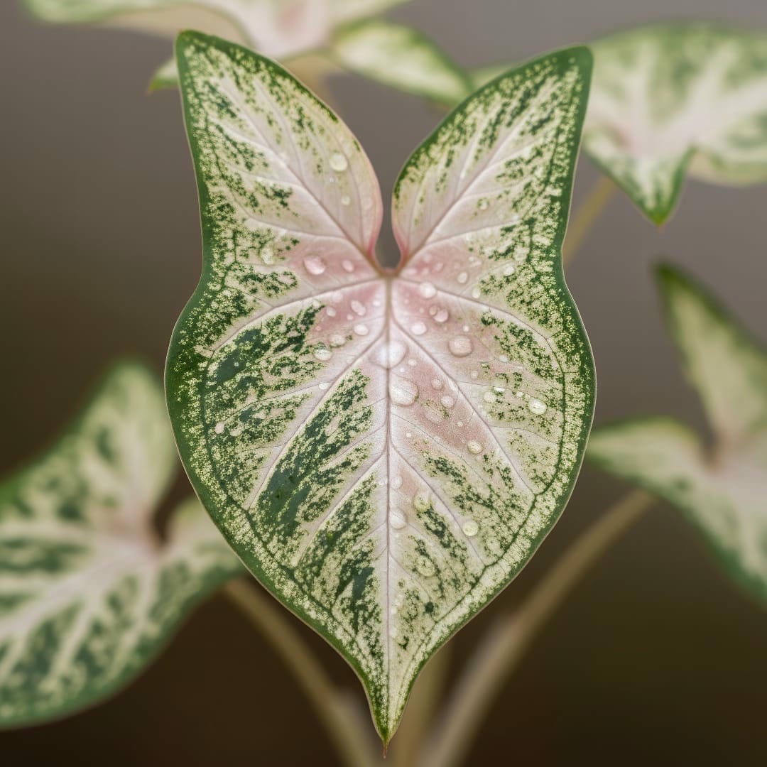 A close-up shot of a variegated Arrowhead Plant leaf with shades of green, white, and pink.