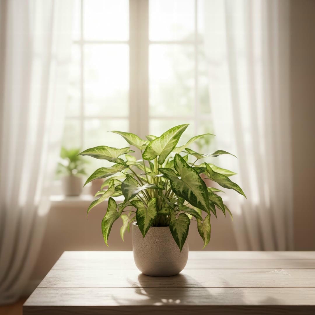 An Arrowhead Plant sitting near a window with bright, filtered light.