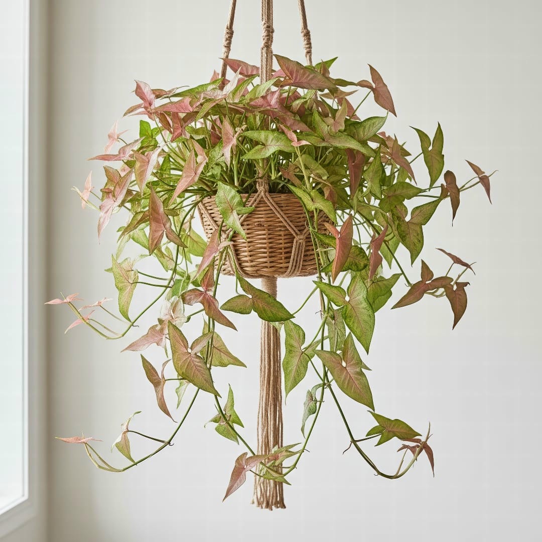 A lush Arrowhead Plant with pink and green leaves trailing from a hanging basket.