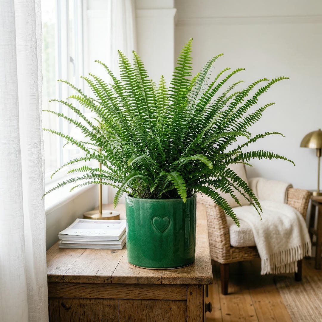 Asian Sword Fern styled as an upright floor plant in a bright living room corner.