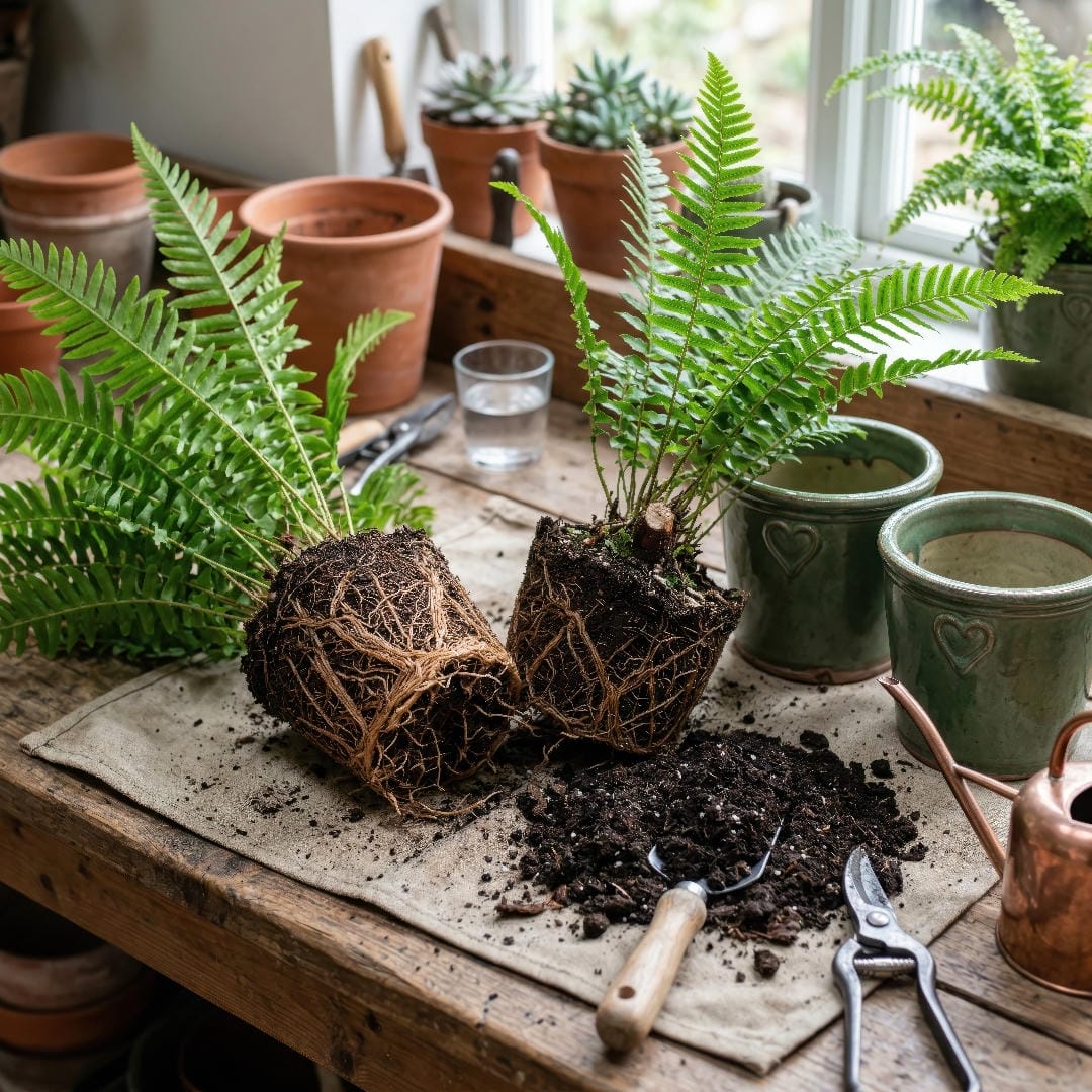 Asian Sword Fern root ball divided into healthy sections during propagation.