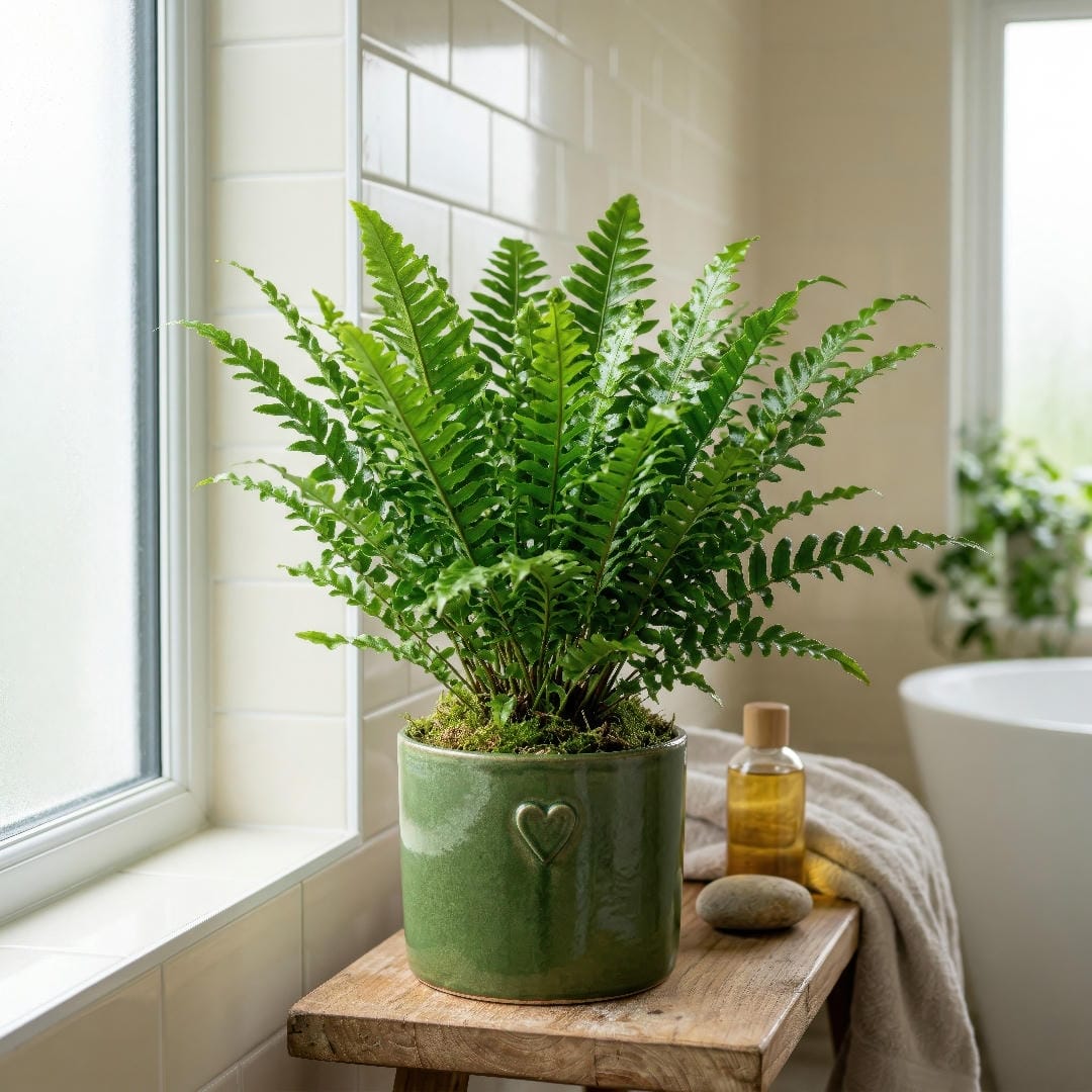 Asian Sword Fern in a bright bathroom where high humidity keeps the fronds lush.