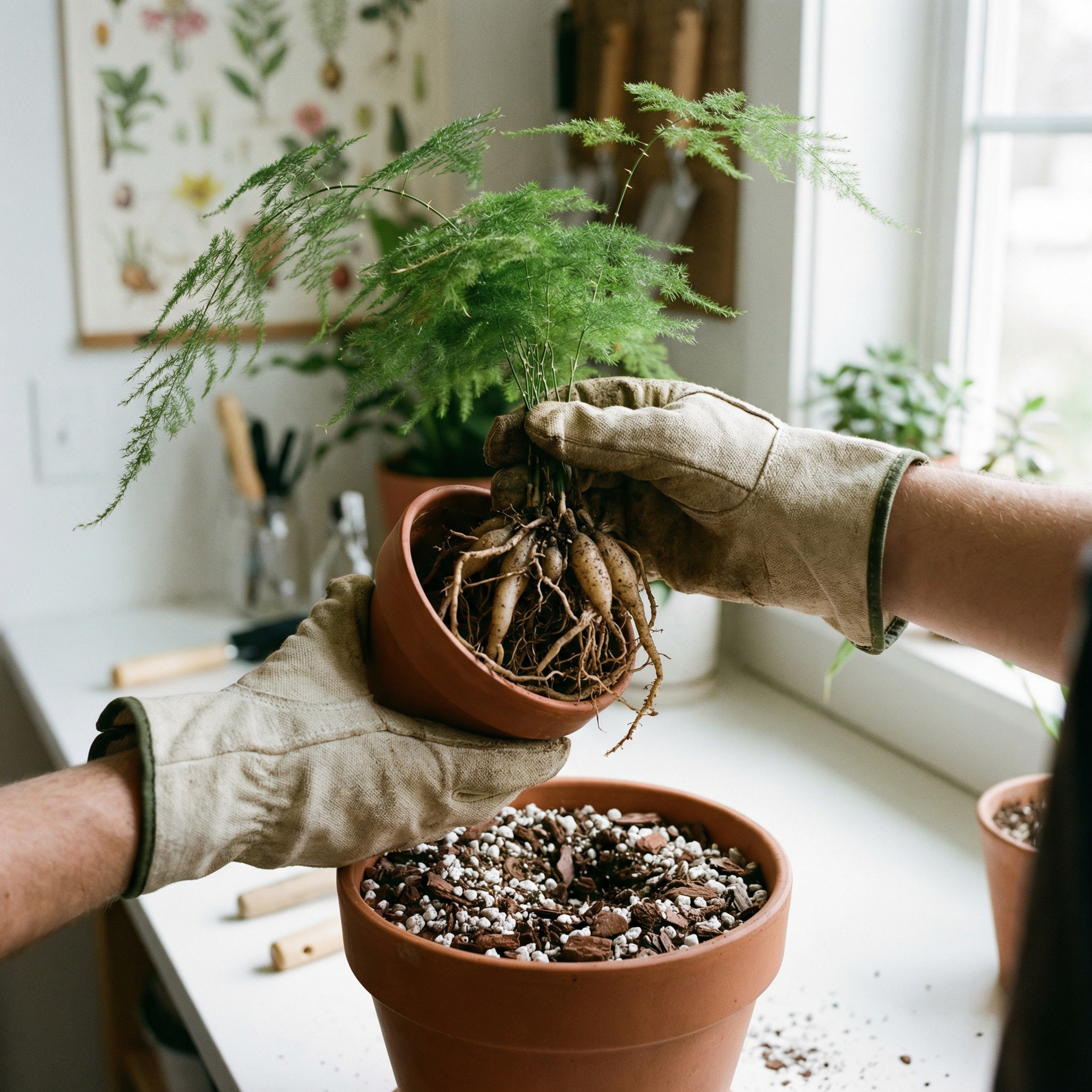 Asparagus Fern being repotted with fresh airy soil and visible tuberous roots.