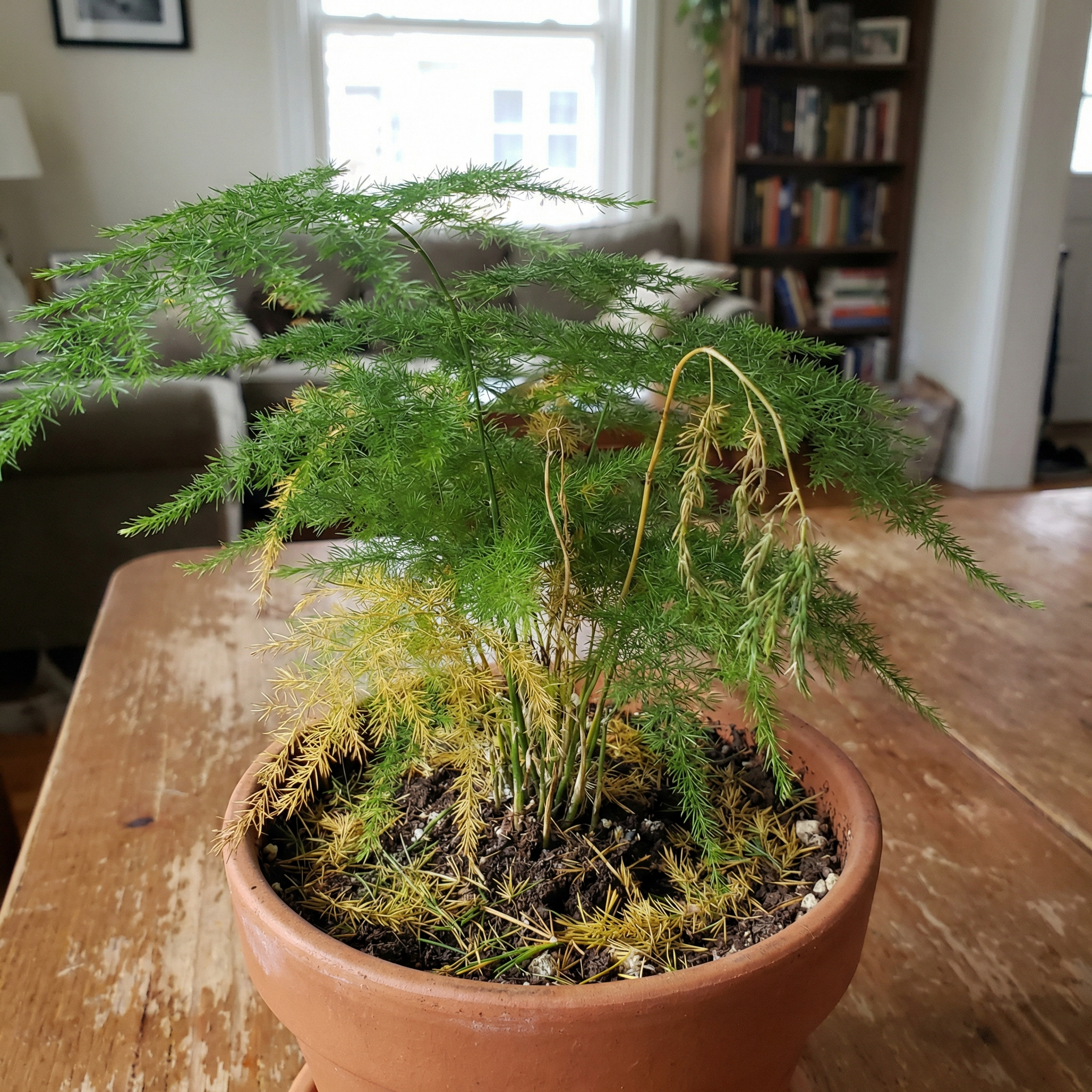 Asparagus Fern showing yellowing needle-like foliage from watering stress.