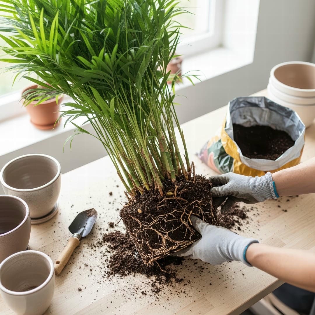 A gardener's hands gently separating a Bamboo Palm at the roots for propagation.