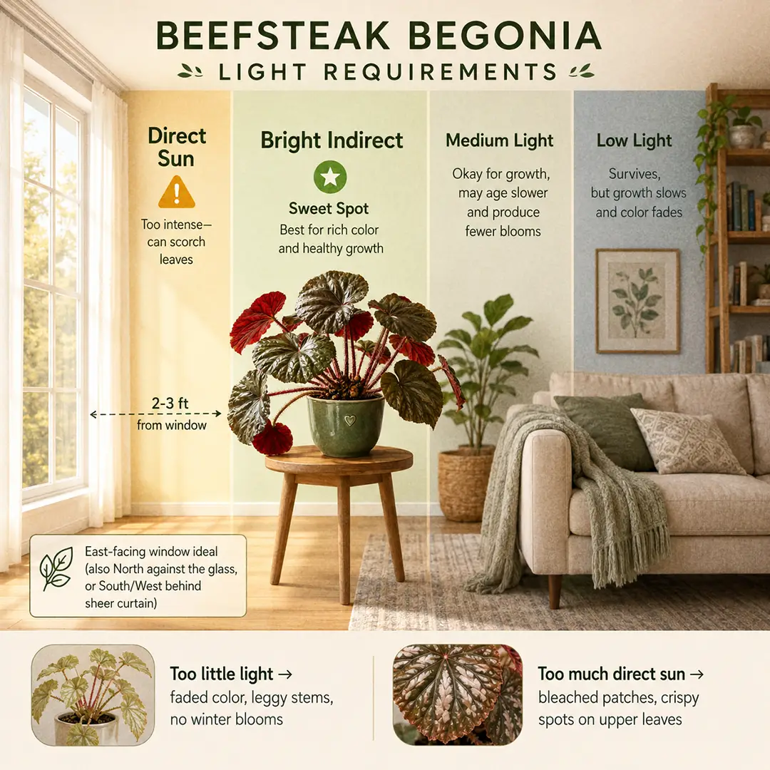 A labeled light-zone diagram showing a Beefsteak Begonia placed in the bright indirect sweet spot two to three feet from an east-facing window in a warm modern living room with sweet-spot, too-dark, and too-bright zones marked in soft color washes