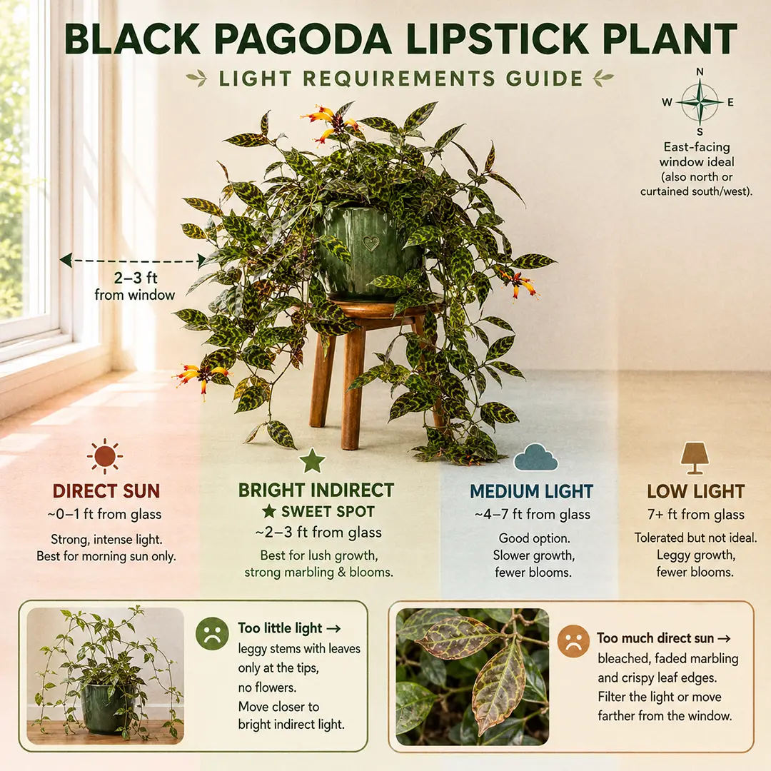 A labeled light-zone diagram showing a Black Pagoda Lipstick Plant placed in the sweet spot two to three feet from an east-facing window, with sweet-spot, too-dark, and too-bright zones color-washed and a small note about indirect morning light and a sheer curtain