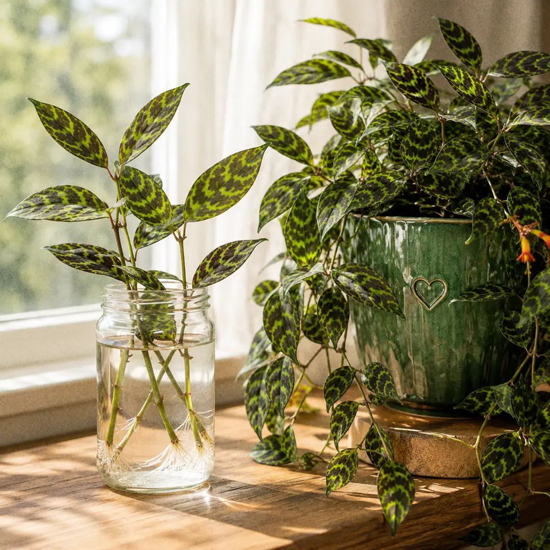A Black Pagoda Lipstick Plant propagation setup showing several 4 to 6 inch stem-tip cuttings rooting in a clear glass jar of water on a windowsill beside a green ceramic pot with a heart motif holding the parent plant with marbled dark trailing leaves