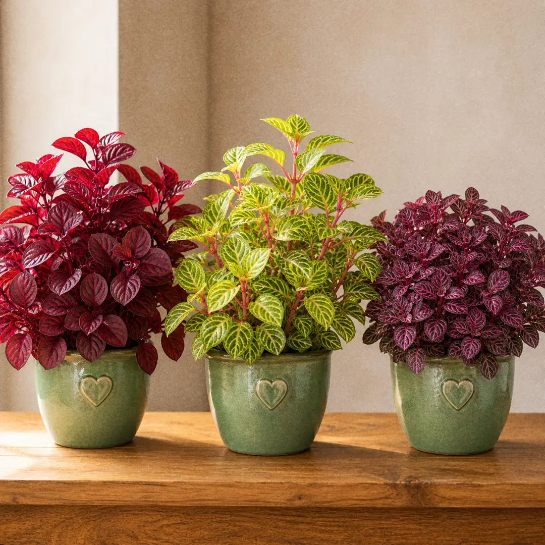 Three Bloodleaf varieties displayed side by side on a wooden shelf in matching green ceramic pots with heart motifs, showing distinct color patterns from solid wine red to lime with yellow veining