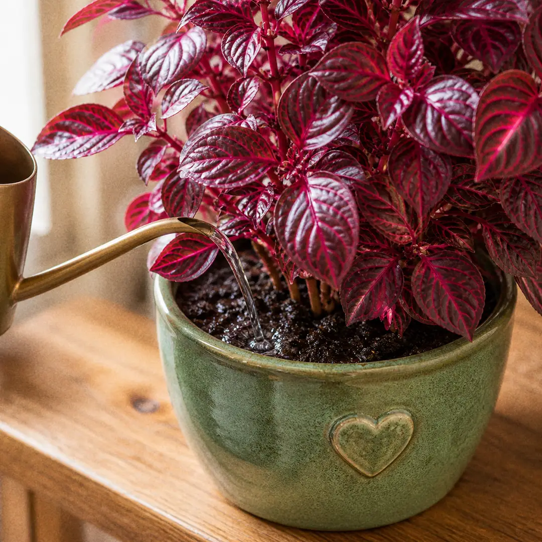 A Bloodleaf plant being watered at the base from a slender-spouted watering can with water visibly soaking into rich dark soil in a green ceramic pot with a heart motif