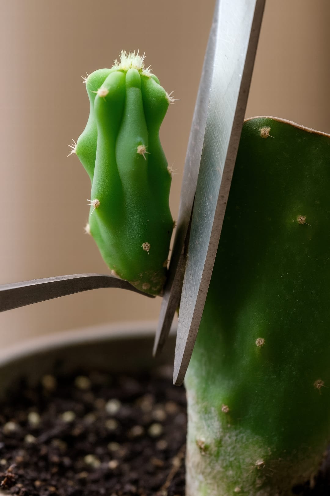 A single cutting from a Boob Cactus, showing the calloused end, resting on a bed of dry, gritty cactus soil waiting to be planted.