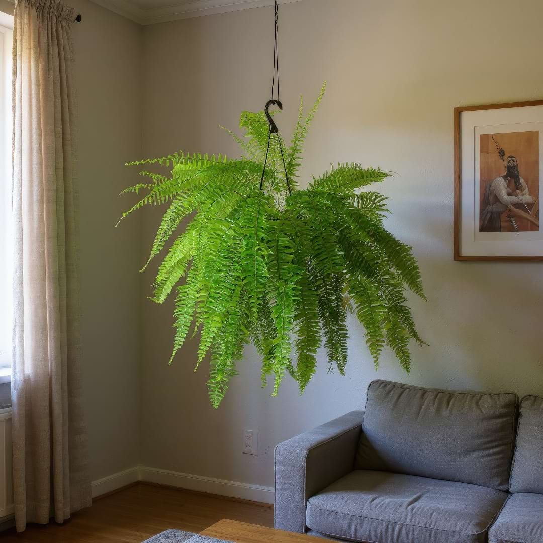 A large Boston Fern showcased beautifully in a hanging basket in a cozy living room.